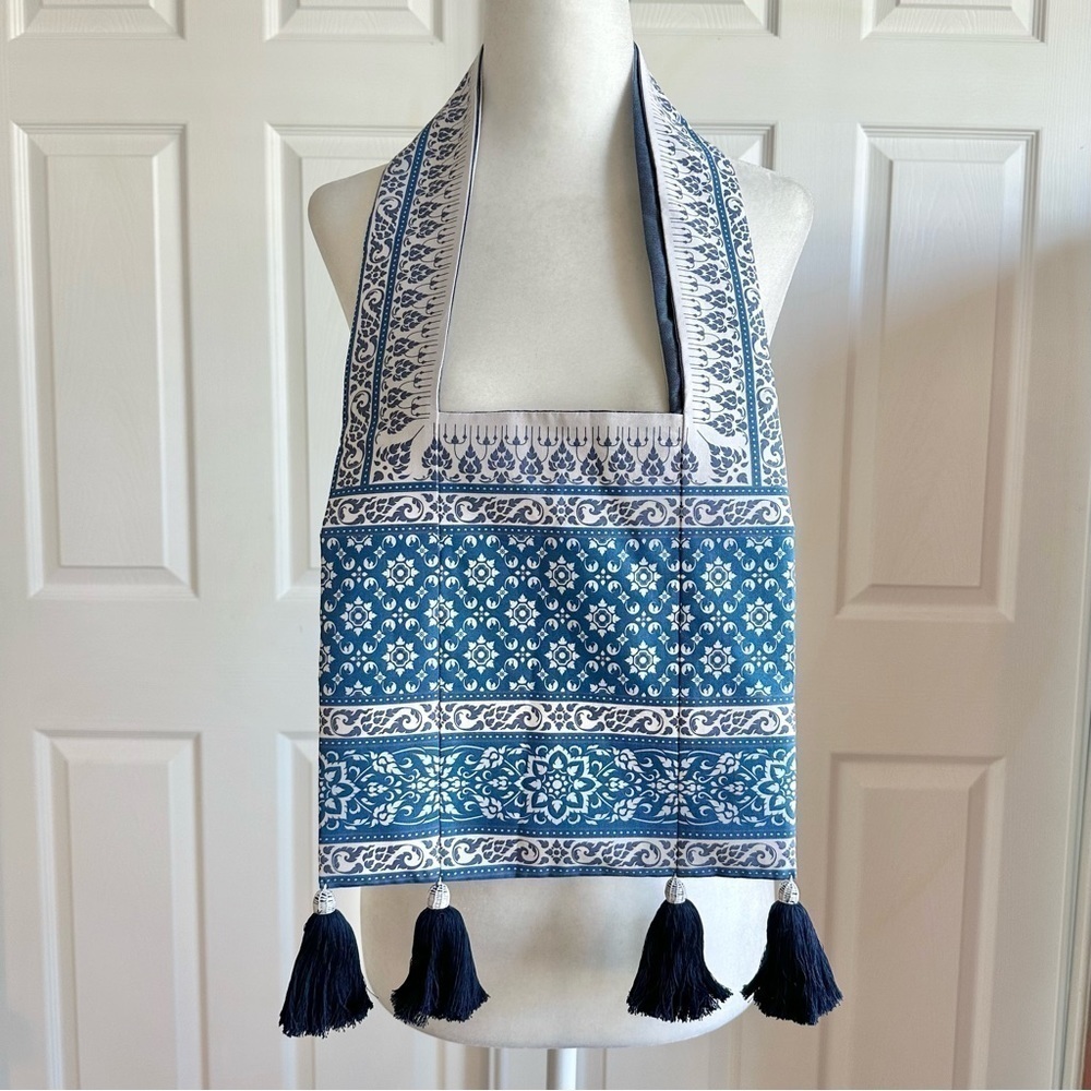Handmade Blue Damask Cloth tote Purse with Raw Silk Linings and Tassels
